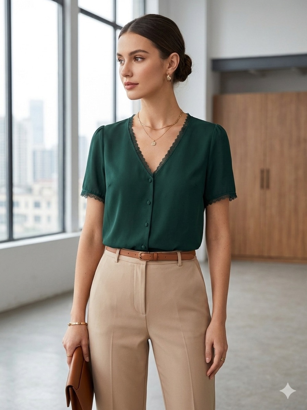 SHEIN Dark Green V-Neck Lace Trim Button Front Blouse